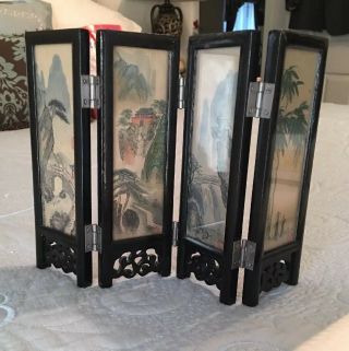 Vtg Asian Black Lacquer Folding 4 Panel Table Top Screen Signed Paintings