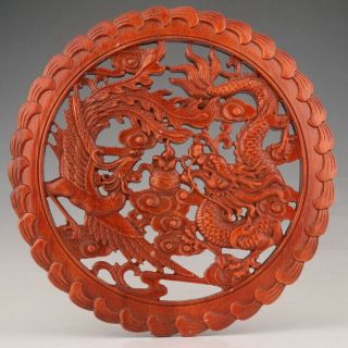 China Wood Handmade Hollow Carving Dragon Phoenix Plate Auspiciou Colle Old