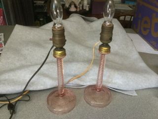 2 Pink Depression Glass Candle Stick Lamps.  Both Work