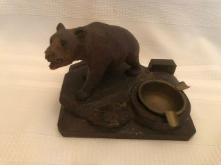 Antique German Black Forest Carved Wood Bear Ashtray & Match Box Holder