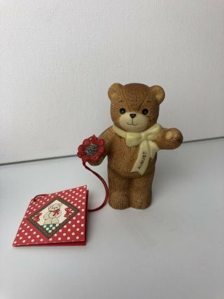 Enesco Lucy And Me Ceramic Bear Red Flower August On Yellow Scarf 1982 Lucy Rigg