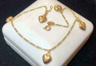Vintage Estate 10k Gold Heart Ankle Bracelet Dangle Charm Hearts Made In Italy