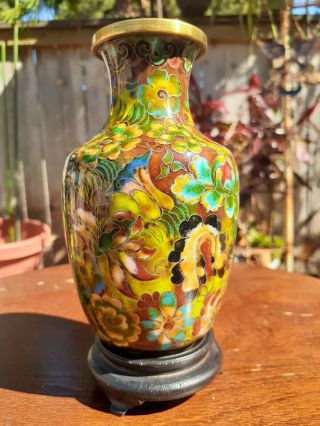 Vintage Chinese Cloisonne Vase W/wooden Stand.