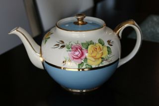 Very Rare Sadler Blue Rose Floral Gold Pink Yellow Teapot England