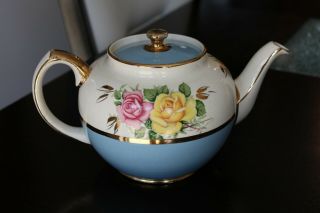 VERY RARE Sadler Blue Rose Floral Gold Pink Yellow Teapot England 2