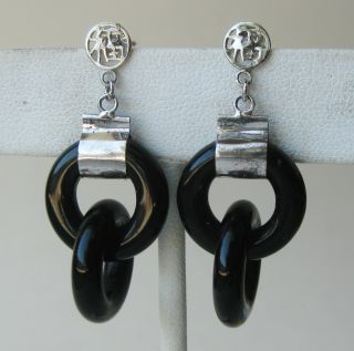 Vtg Chinese Carved Black Onyx Sterling Silver Hoop Drop Dangle Pierced Earrings
