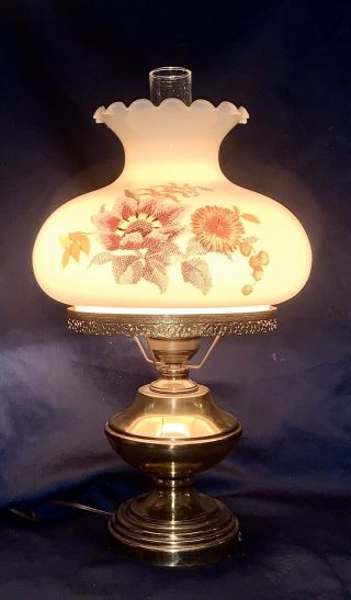 Large Vintage 24” Gwtw Parlor Hurricane Lamp Light W/floral Shade & Brass Body