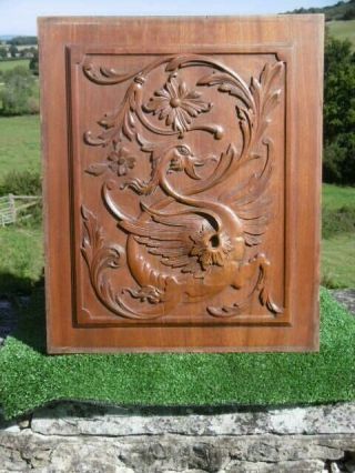 19thc Gothic Walnut Carved Panel With Winged Gargoyle Rt Facing