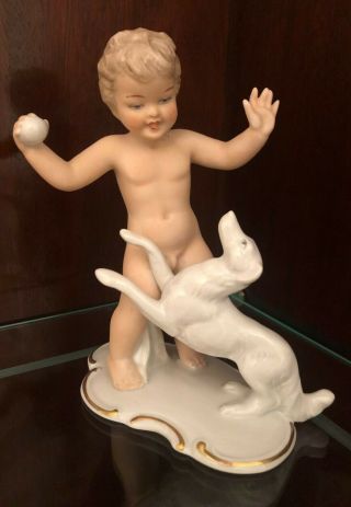 Vintage Wallendorf 1764 Porcelain Figurine Of A Nude Boy Playing Fetch With Dog