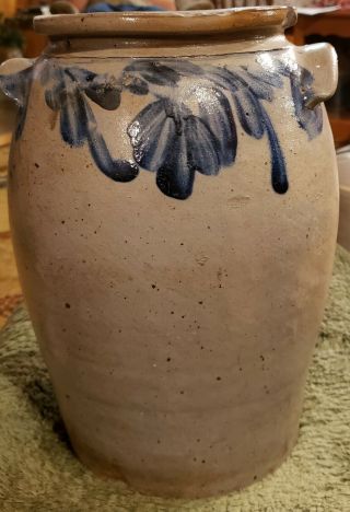 Antique Stoneware Jar Crock 2 Gallon Semi Ovoid Blue Decorated