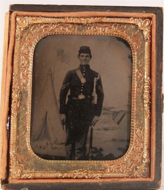 1860s Sixth Plate Civil War Tintype Photo Of Armed Soldier With American Flag