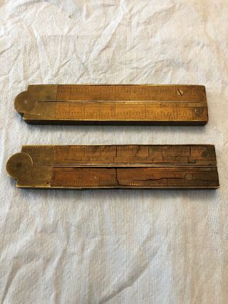 2 Vintage No.  56 C & S Co Folding Ruler Measure Wood Brass 12 " Level Square