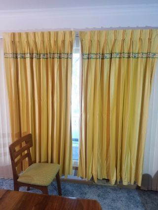Vintage Mid Century French Yellow Floral Curtain Drape Large 80 " Tall Set Of 4