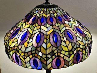 Large Tiffany Style Multiple Cabochon Stained Glass Lamp Shade 20” Diameter