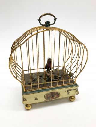 Vintage German Singing Bird In Cage & Flowers Automaton Music Box