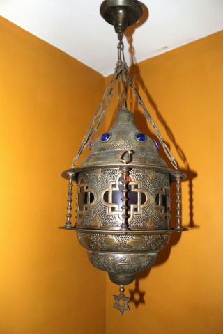 Antique Ornate Pierced Brass Moroccan Jeweled Stained Glass Chandelier Fixture