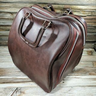 Vintage Bowling Ball Bag Amf Brown Double Pouch Zipper Leather Handles 70s
