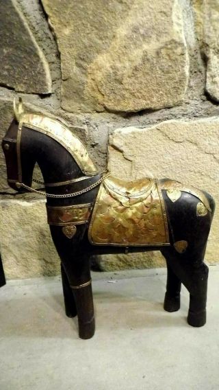 Unique Estate Vintage Hand Carved Wooden Horse Statue Inlaid W/ Brass And Copper