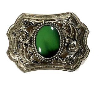 Vintage Silver - Tone Western Belt Buckle With Jade Green Stone Inlay