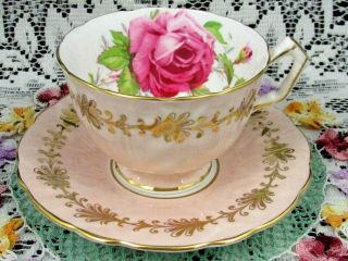 Aynsley Pink Cabbage Rose Fancy Gold Designs Crocus Shape Tea Cup & Saucer