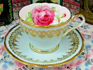 Aynsley Pink Cabbage Rose Fancy Gold Designs Blue Tea Cup And Saucer