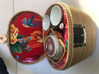 Chinese Porcelain Tea Set In Cozy Basket Oriental