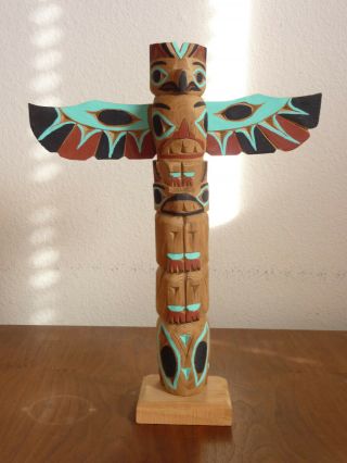Hand Carved & Painted Cedar Haida Totem Pole Signed Alaska Native Mark Natkong