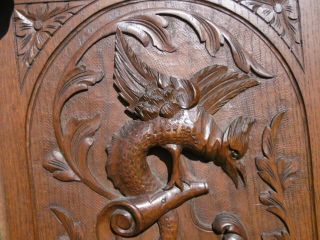 19thc Gothic Oak Carved Panel With Winged Grotesque Creature