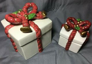 1988 Fitz & Floyd Christmas Present Gift Lidded Trinket Box W/bow Set Of 2