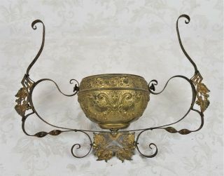 Antique 19th Century Brass Floral Figural Hanging Oil Lamp Font Holder Fits 5 "