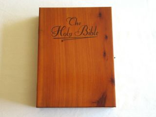 Vintage Cedar " The Holy Bible " Box Case Wood Empty Union Made Engraved