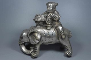 Chinese Collectable Handwork Miao Silver Carve Child Ride Elephant Noble Statue