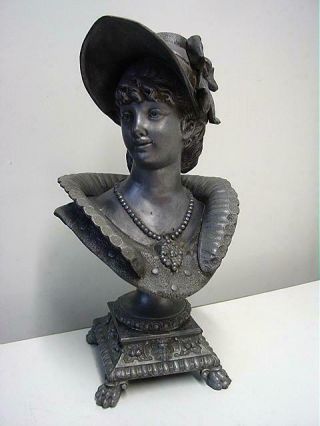 Victorian Heavy Cast Metal 14 " Bust Of Pretty Young Woman In Bonnet 1890s