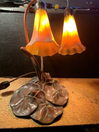 Double Bronze Lily Pad Table Lamp Sighned W/ Lundberg Studios Art Glass Shade