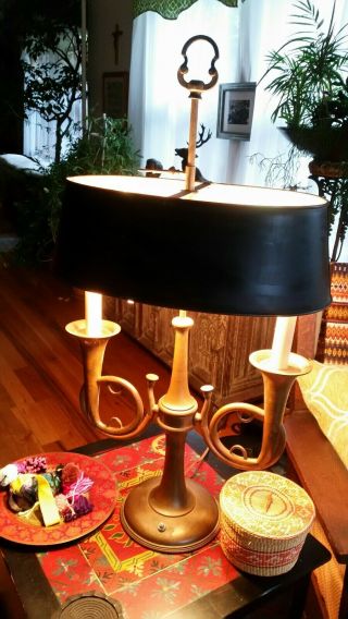 Vintage Chapman Brass French Horn Table Lamp Tole Shade