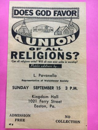 Watchtower Jehovah Public Talk Handbill 1963 Does God Favor Union All Religions?