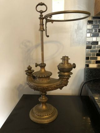 Antique Plume & Atwood Brass Harvard Student Oil Lamp