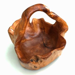 HAND CARVED KNOBBY BURL ROOT WOOD HANDLED DISPLAY BASKET BOWL RUSTIC SIGNED 3