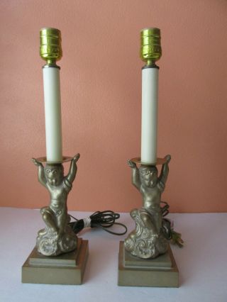 Vintage Set Of 2 Gold Cherub Table Lamp Bases