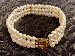 Vintage Triple Strand 116 Button Pearl Bracelet 14k Yellow Gold Clasp & Spacers