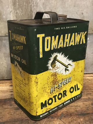 Rare Vintage Tomahawk Hi Speed Motor Oil Two 2 Gallon Can Gas Oil Station