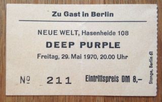 Deep Purple.  Vintage Ticket Berlin 1970 Led Zeppelin Jimi Hendrix