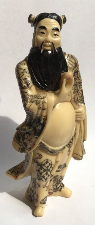 Vintage Chinese Japanese Hand Painted Engraved Bearded Man Resin Figurine