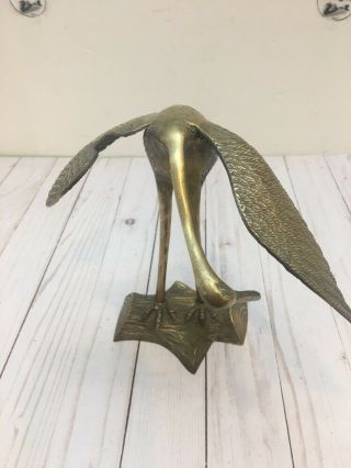 Vintage Solid Brass Stork Heron Crane Bird On Log Figurine Wing Spread 9.  5