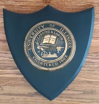 Antique Vintage University Of Illinois Brass/wood Wall Crest Seal Plaque Logo