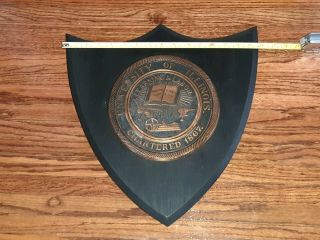 ANTIQUE Vintage University Of Illinois Brass/Wood Wall Crest seal plaque logo 3