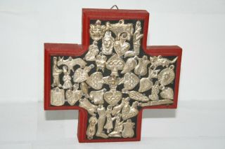 Religious Cross W/ Miracle Charms Mexican Milagros Medallions Handmade Souvenir