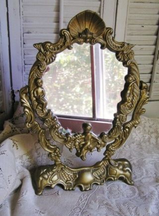 Vintage Oval Gold Metal Rococo Swivel Mirror With Cherubs Ladies Vanity Dresser