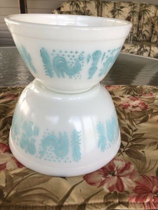Vintage Set/2 Pyrex Turquoise Amish Butterprint Nesting Mixing Bowls 401 402
