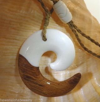 Hawaiian Koa Wood Water Buffalo Bone Composite Maori Koru Friendship Pendant